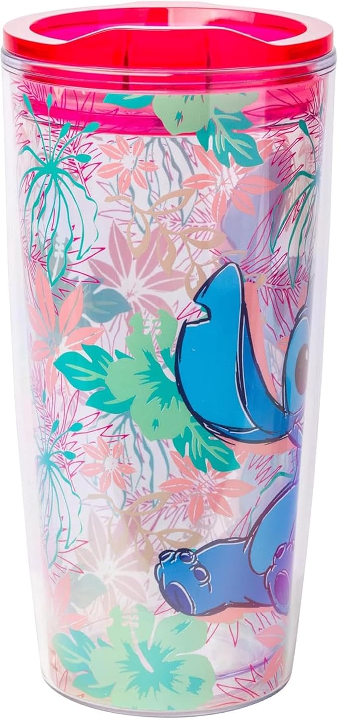 Silver Buffalo Disney Lilo and Stitch Floral Tropical Abstract Red Double Wall Travel Tumbler with Slide Close Lid, 20 Ounces