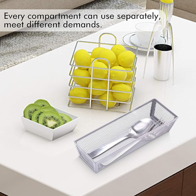 WuGeShop Mesh Silverware Tray Drawer Organizer, Kitchen Utensils Flatware with Anti-slip Mats, Silverware Storage Cutlery Tray for Knives Fork Spoon (5 Separate Compartments, Silver)