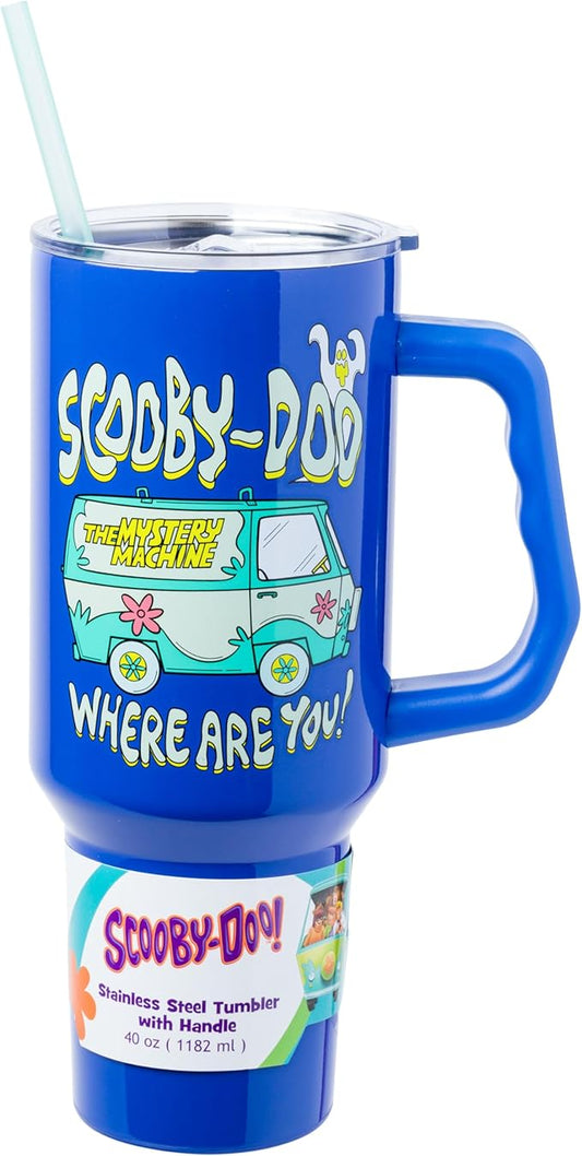 Silver Buffalo Scooby-Doo “Where Are You!” Stainless Steel Tumbler with Handle Featuring The Mystery Machine, Fits in Standard Cup Holder, 40 Ounces