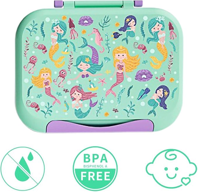 Prints Leak-Proof XL Lunch Box - Reusable 3-Compartment Containers Bento Box for meal Prepping;5-Cup Capacity for Adults & Ages 8+, BPA-Free, Dishwasher Safe (Green - Mermaids Sea)