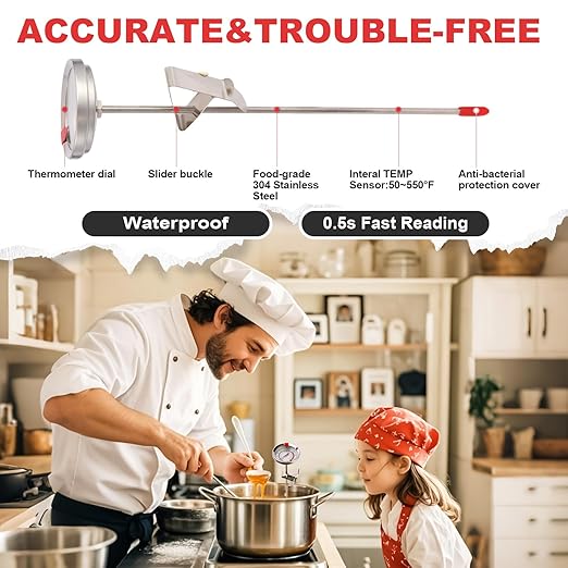 Candy Thermometer Waterproof IP67 - Oil Thermometer for Frying with Clips - 9" Side of Pot Thermometer Deep Fry for Oil Candy Candle BBQ - Silver