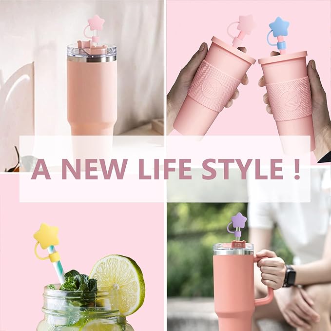 4 Pcs Lovely Star Straw Covers Cap Toppers Compatible with Stanley 30&40 oz Tumbler Cup,Reusable Cute Silicone Straws Tips Lids Protectors for 0.4 in/10mm Stanleys Cups Accessories