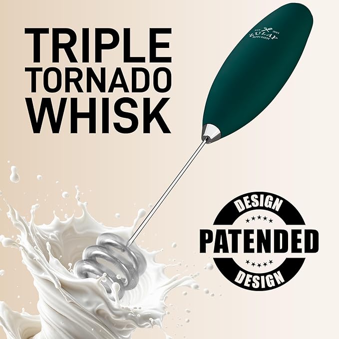 Zulay Kitchen Patented Tornado Triple Whisk Milk Frother with 4 Duracell Batteries – Handheld Foam Maker for Coffee, Lattes, Matcha & Hot Chocolate – Rich, Creamy Froth in Seconds