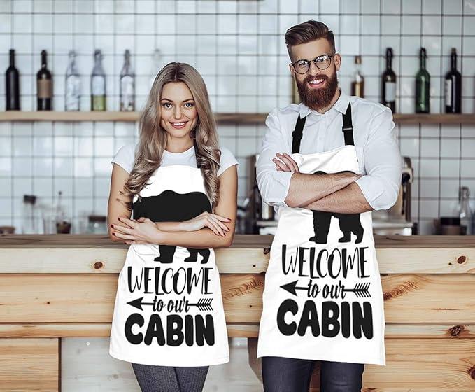 EKOBLA Welcome To Our Cabin Aprons Bear Portrait Arrow White Black Background Waterproof Resistant Chef Cooking Kitchen BBQ Adjustable Aprons for Women Men 27x31 Inch