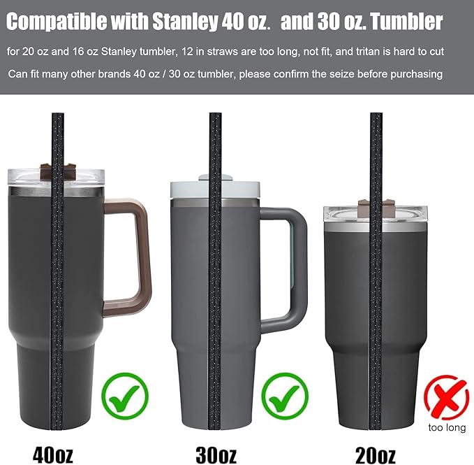 ALINK 10 Pack Black Replacement Straws for Stanley 40 oz 30 oz Tumbler, 12 in Long Reusable Plastic Glitter Straws for Stanley Cup Accessories, Half Gallon Jug, Plus 2 Cleaning Brush