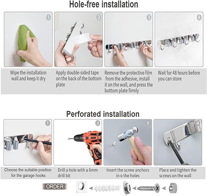 Mop and Broom Hanger Wall Mount, stainless steel Broom Hook Organizer Wall Mounted, Heavy Duty Mop Holder Storage Rack - 3 Racks 4 Hooks for hanging brooms and mops