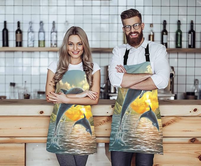 EKOBLA Dolphin Aprons Ocean Jumping Sea Beautiful Sunset Beautiful Landscape Clouds Wave Waterproof Resistant Chef Cooking Kitchen BBQ Adjustable Aprons for Women Men 27x31 Inch