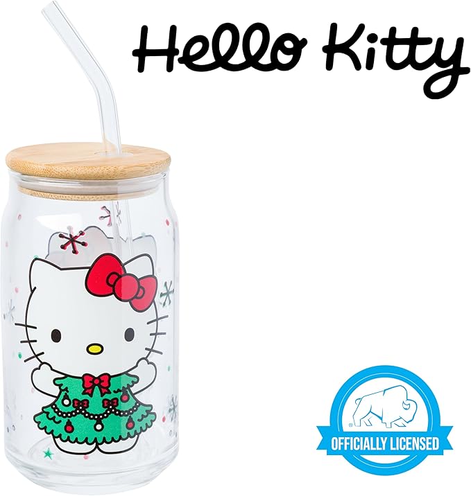 Silver Buffalo Sanrio Hello Kitty Holiday Glass Tumbler with Bamboo Lid and Glass Straw, 16 Ounces