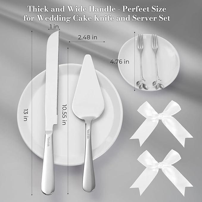 Wedding Cake Cutting Set, Elegant Wedding Cake Knife and Server Set with Thick Stainless Steel Wide Handle, Cake Cutting Set for Wedding Anniversary Christmas, Cake Cutter, 2 Cute Forks and Bows