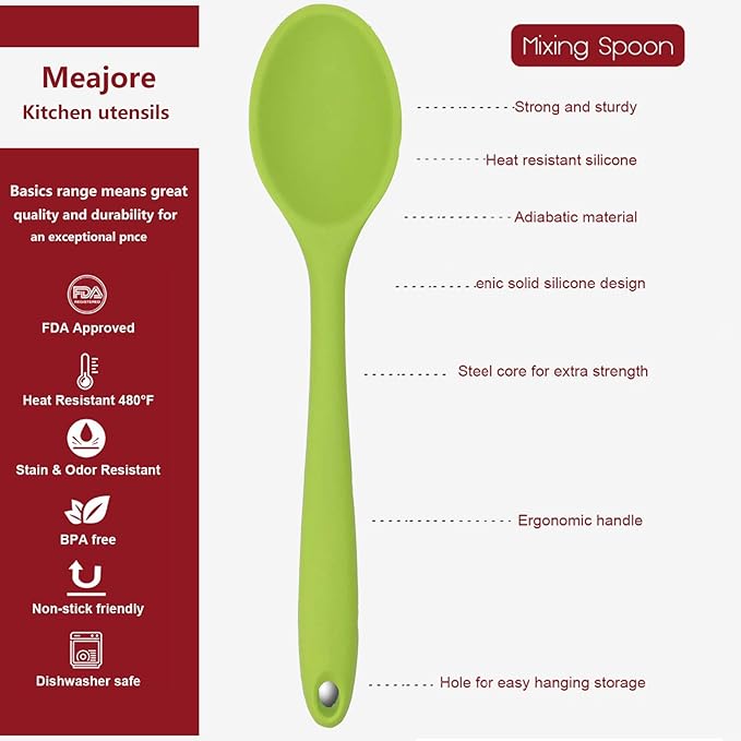 Meajore 2 Pcs Silicone Spoons for Cooking Heat Resistant, Hygienic Design Cooking Utensi Mixing Spoons for Kitchen Cooking Baking Stirring Mixing Tools (Green)