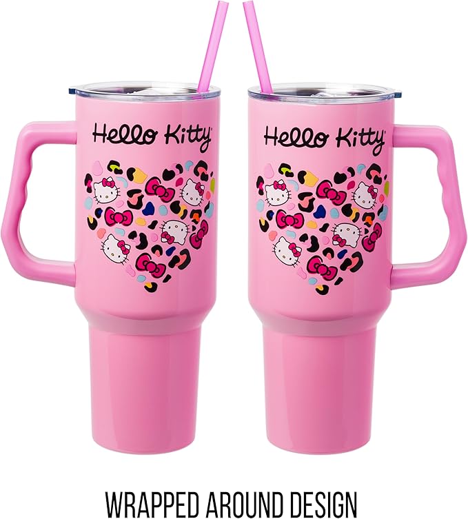 Silver Buffalo Sanrio Hello Kitty Leopard Jungle Cat Print and Bows Heart Stainless Steel Tumbler with Handle and Straw, Fits in Standard Cup Holder, 40 Ounces