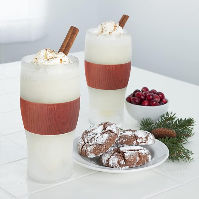 Host Freeze, Frozen Mugs, Freezable Pint Set, Beer Keep Your Drinks Cold, Double Walled Insulated Glasses, Tumbler for Iced Coffee, 16oz, Set of 2, Wood