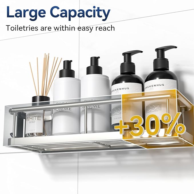 YASONIC Shower Caddy Adhesive, No Drill Bathroom Shower Organizers, with Removable Hooks, Rust Proof Shower Shelves, Wall-Mounted Shower Holder, 2 Pack Silver