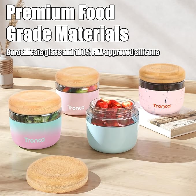Tronco 24 oz Glass Container with Bamboo Lids, Food Storage Bowls for Soup, Stew & Overnight Oats, Meal Prep, Glass Lunch Bowl Container 100% Leak & Spill Proof, Airtight, BPA-Free- Ideal Gifts, 2Pack