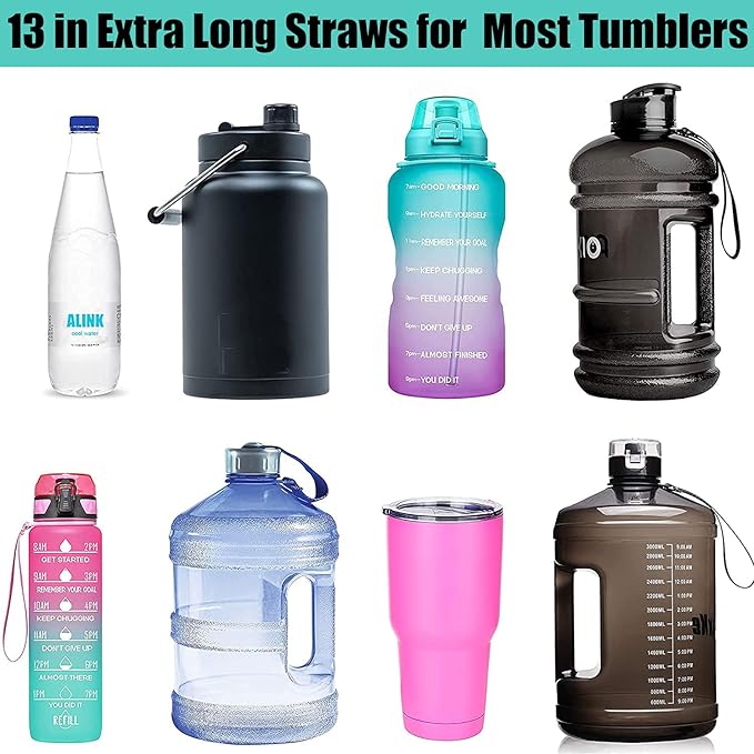 ALINK 12-Pack Reusable Plastic Clear Straws, 13 inch Extra Long Tumbler Straws for Stanley Cups, 1 Gallon, 64 oz 40 oz 32 oz Water Bottles, Plus Cleaning Brush