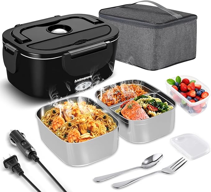 Heated Lunch Box– 80W Electric Lunch Box with 12/24/110V, Stainless Steel Inner Pot | Portable Food Warmer for Work & Travel | Lonchera Electrica Portatil para Hombres de Trabajo,1.5L