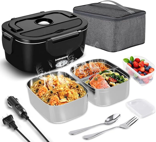 Heated Lunch Box– 80W Electric Lunch Box with 12/24/110V, Stainless Steel Inner Pot | Portable Food Warmer for Work & Travel | Lonchera Electrica Portatil para Hombres de Trabajo,1.5L