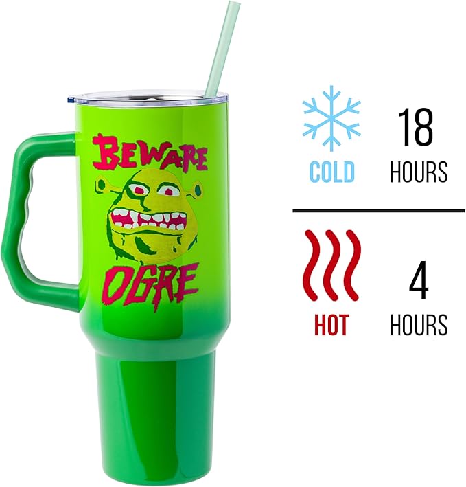 Silver Buffalo Shrek Beware Ogre Stainless Steel Tumbler with Handle and Straw, Fits in Standard Cup Holder, 40 Ounces