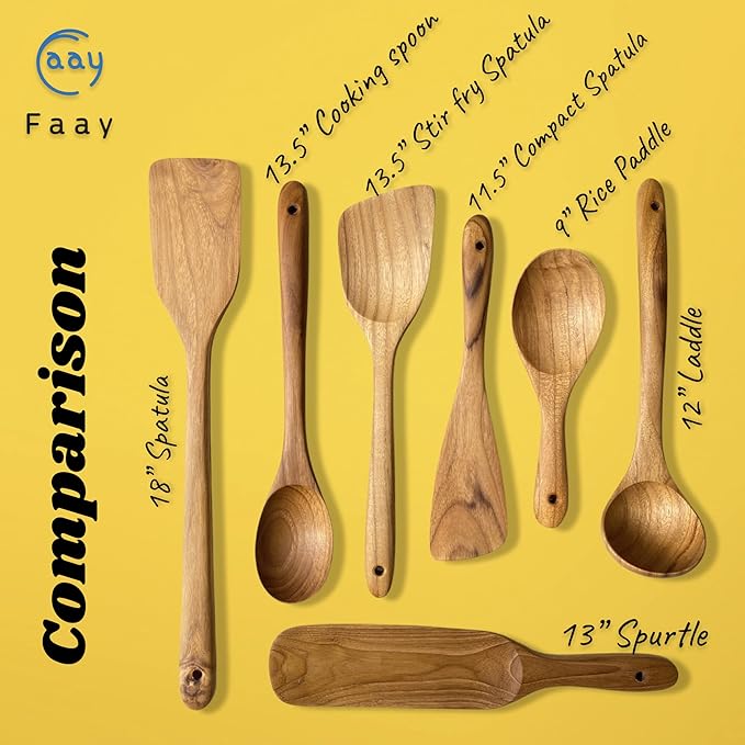 FAAY 9” Rice Paddle, Serving Spoon, Versatile Cooking Spoon – Handcraft from High Moist Resistance Golden Teak Wood | Durable, Healthy, Ergonomic Handle for Non Stick Cookware
