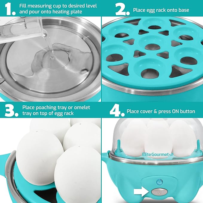 Elite Gourmet EGC-007T# Rapid Egg Cooker, 7 Easy-To-Peel, Hard, Medium, Soft Boiled Eggs, Poacher, Omelet Maker, Auto Shut-Off, Alarm, 16-Recipe Booklet, Teal