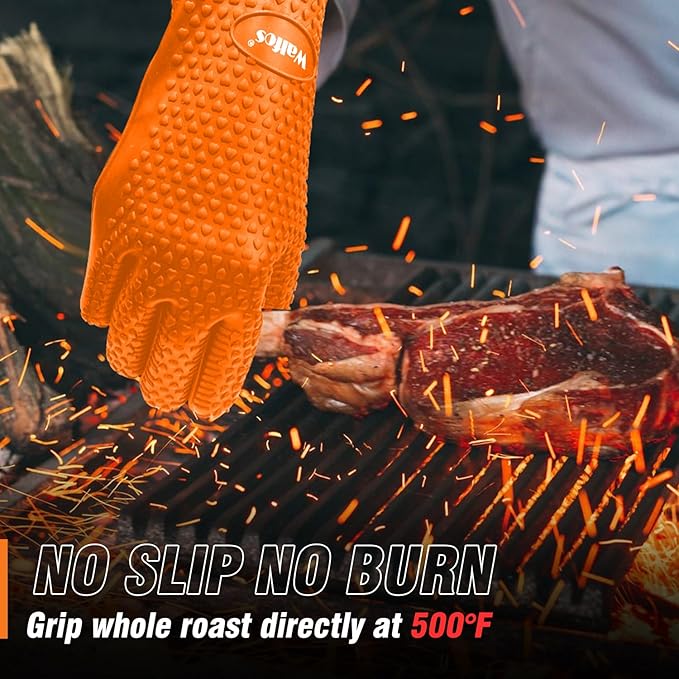 Walfos Silicone BBQ Gloves - Heat Resistant Grilling Gloves, Premium Non-Slip Kitchen Oven Mitt with Protective Cotton Layer Inside, Waterproof, Great for Grilling, Kitchen and Cooking, Orange