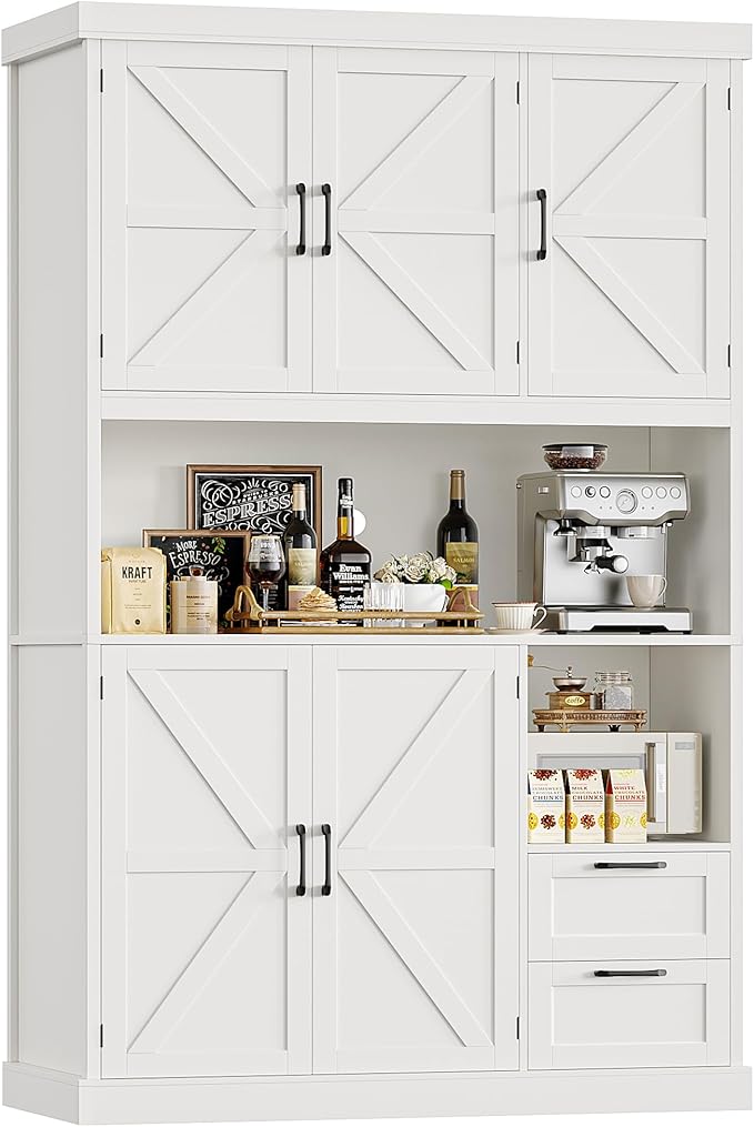 HOSTACK 76" Tall Kitchen Pantry Storage Cabinet, Farmhouse Kitchen Hutch Cabinet with Microwave Stand, 47" Wide Food Pantry with Drawers and Shelves, Large Coffee Bar Station for Dining Room, White