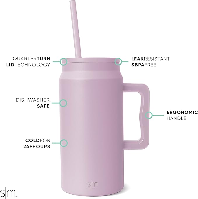 Simple Modern 50 oz Mug Tumbler with Handle and Straw Lid | Reusable Insulated Stainless Steel Large Travel Jug Water Bottle | Gifts for Women Men Him Her | Trek Collection | 50oz | Lavender Mist