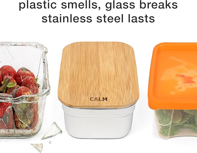 Stainless Steel Food Containers with Bamboo Cutting Board Lids | Set of 3 Reusable Meal Prep Boxes | Airtight Leak-Resistant | Dishwasher Safe | BPA-Free | 2, 4, 6 Cup Sizes
