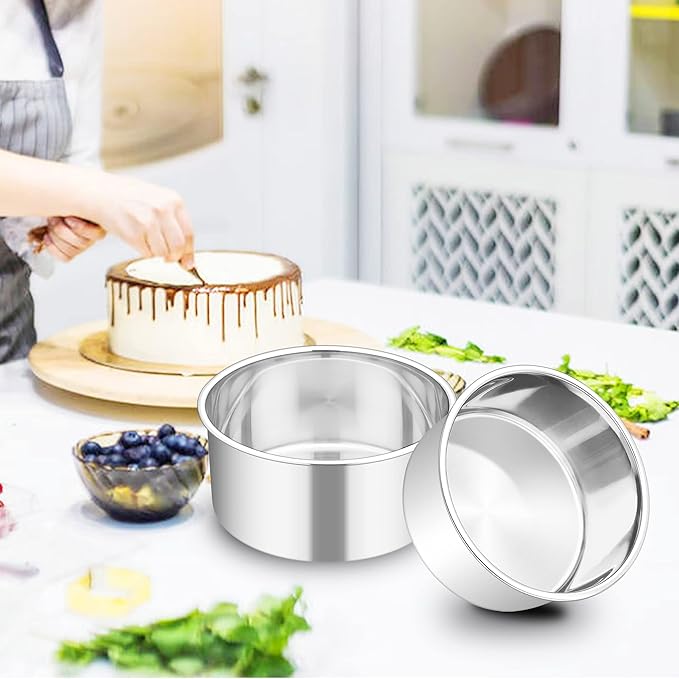 TeamFar 6 Inch Cake Pan, 6” x 3” Deep Round Cake Pan Tier Baking Pans Set Stainless Steel, For Baking Steaming Serving, Healthy & Toxic Free, Deep & Straight Size, Oven & Dishwasher Safe - Set of 4
