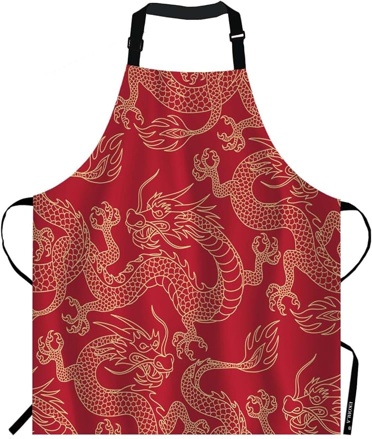 EKOBLA Dragon Aprons Chinese Traditional Culture Tattoo Power Symbol Flying Mascot Animal Waterproof Resistant Chef Cooking Kitchen BBQ Adjustable Aprons for Women Men 27x31 Inch