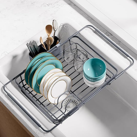Extendable Dish Drying Rack Over Sink with Dish Drainer, Sink Organization and Storage Essentials with Silverware & Utensil Holder, Home and Apartment Decor, 12" W x 16.1~23" L, Silver