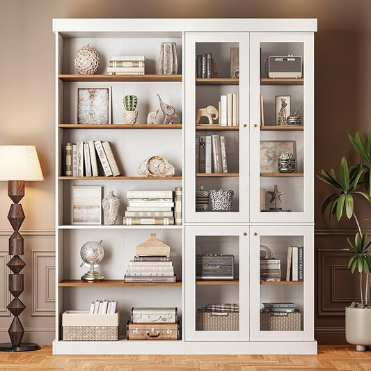 70.8" Tall Farmhouse Kitchen Pantry Cabinet with Glass Doors, Modular Wooden Storage Hutch with 6-Tier Adjustable Shelves for Kitchen or Living Room, White, Set of 2