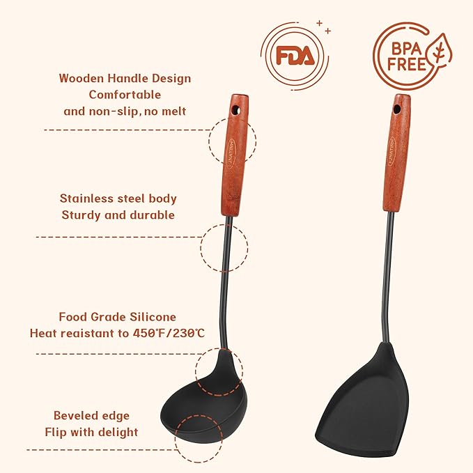 FJNATINH Silicone Wok Spatula and Ladle Tool Set,Non Stick Heat-Resistant Stainless Steel Cooking Utensils BPA Free Kitchen Utensils Cookware, Pack of 2,Black