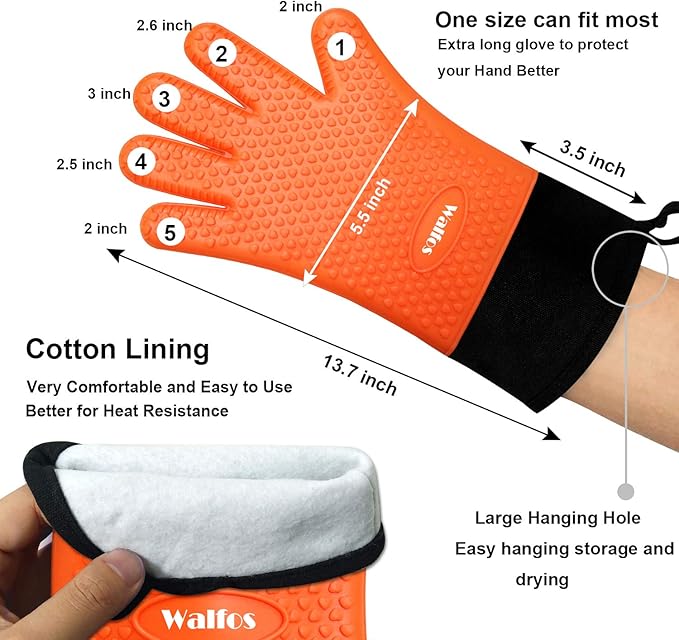 Walfos Silicone BBQ Gloves - Heat Resistant Grilling Gloves, Premium Non-Slip Kitchen Oven Mitt with Protective Cotton Layer Inside, Waterproof, Great for Grilling, Kitchen and Cooking, Orange