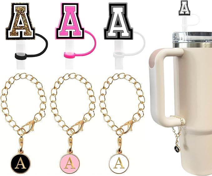 （3 +3) 3PCS Nuozme Straw Cover 10mm For Stanley Tumbler Cup Reusable Straw Cap Topper with 3 Initial Letter Charms Accessories Name ID Personalized Handle Charm For Stanley 30&40 Oz Cup Tumbler