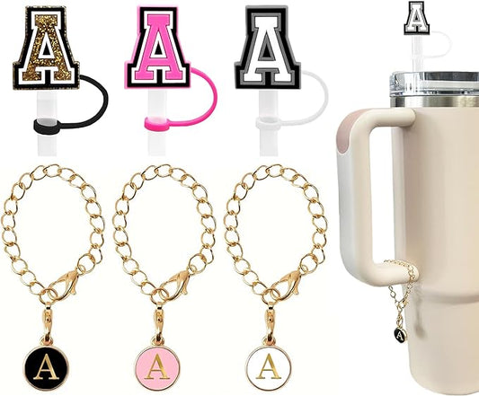 （3 +3) 3PCS Nuozme Straw Cover 10mm For Stanley Tumbler Cup Reusable Straw Cap Topper with 3 Initial Letter Charms Accessories Name ID Personalized Handle Charm For Stanley 30&40 Oz Cup Tumbler