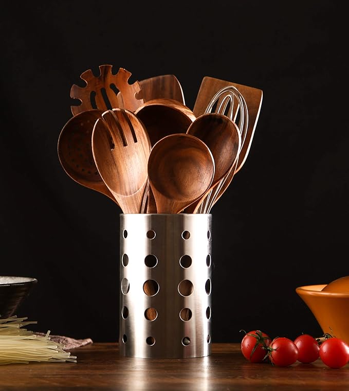 Wooden Kitchen Utensils Set with Holder, NAYAHOSE 11 Pcs Teak Wooden Cooking Spoons and Spatulas with Stainless Steel Storage Barrel