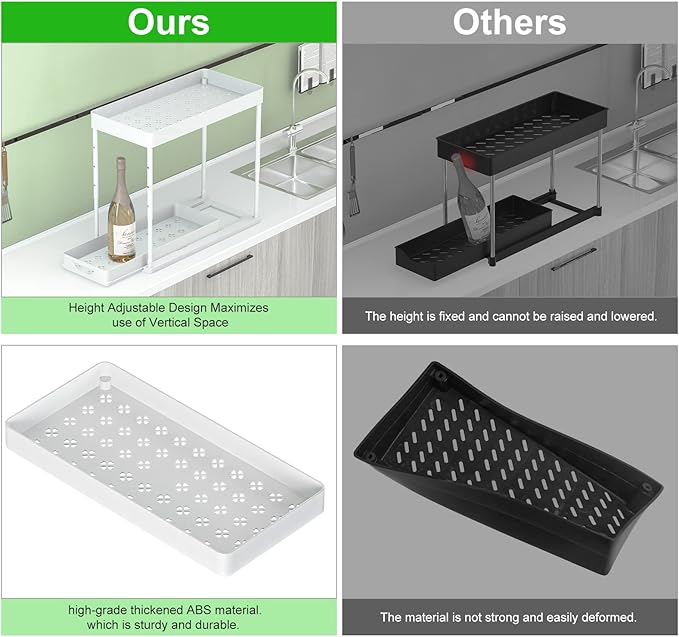 HI NINGER 2 Pack Adjustable Height Under Sink Organizers and Storage, 2Tier Bathroom Organizer Under Sink,Multifunction Kitchen Under Sink Organizer with 8 Hooks and 2 Hanging Cups and16Non-slip mat