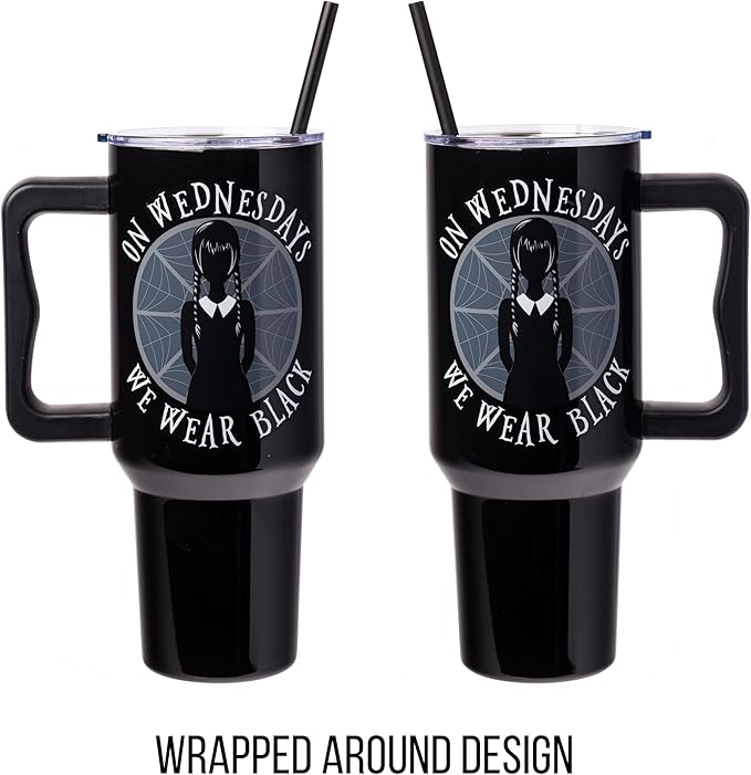 Silver Buffalo The Addams Family Wednesday On Wednesdays We Wear Black Stainless Steel Tumbler with Handle and Straw, Fits in Standard Cup Holder, 40 Ounces