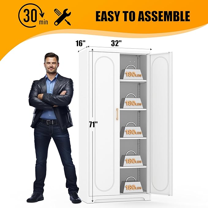 Metal Storage Cabinet with 4 Adjustable Shelves, 71" Tall Kitchen Pantry Cabinet with Doors, White Pantry Cabinets, Utility Large Cupboard, Storage Cabinets for Kitchen, Living Room, Dining