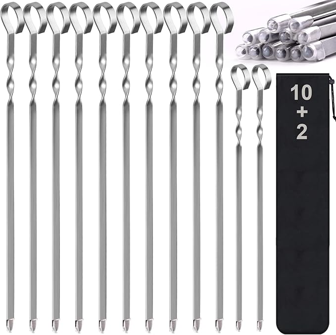 Skewers - 17" Kabob Skewers for Grilling, Metal Sticks for Kabobs Stainless Steel Flat Long Shish Kebab Reusable Grill BBQ Barbecue Sticks for Meat Chicken Vegetable, 12 Pack Bonus 14 Inch
