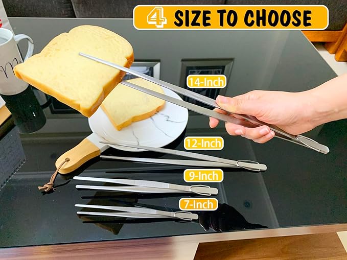 JETKONG Extra Long Kitchen Tweezers Heavy Duty Stainless Steel Cooking Tweezers, Set of 3 (9 12 14 Inch, Silver)