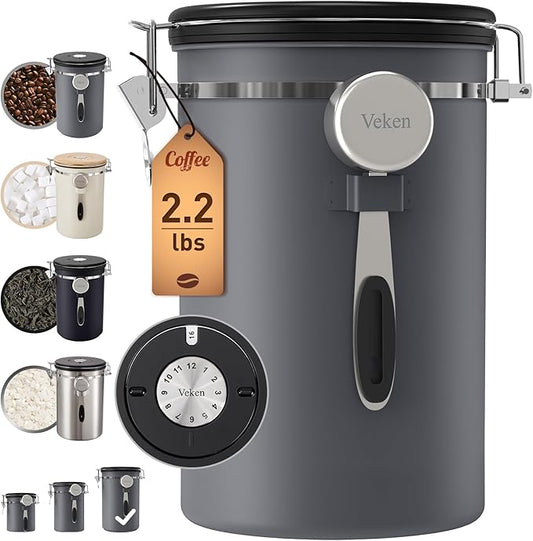 Veken Coffee Canister, 39OZ Large, Airtight Stainless Steel Food Storage Container for 2.2lbs Coffee Beans,Ground, Sugar,Espresso,Rice,Tea,Flour, Cereal,Home Kitchen Pantry Bar Accessories, Gifts,Gray