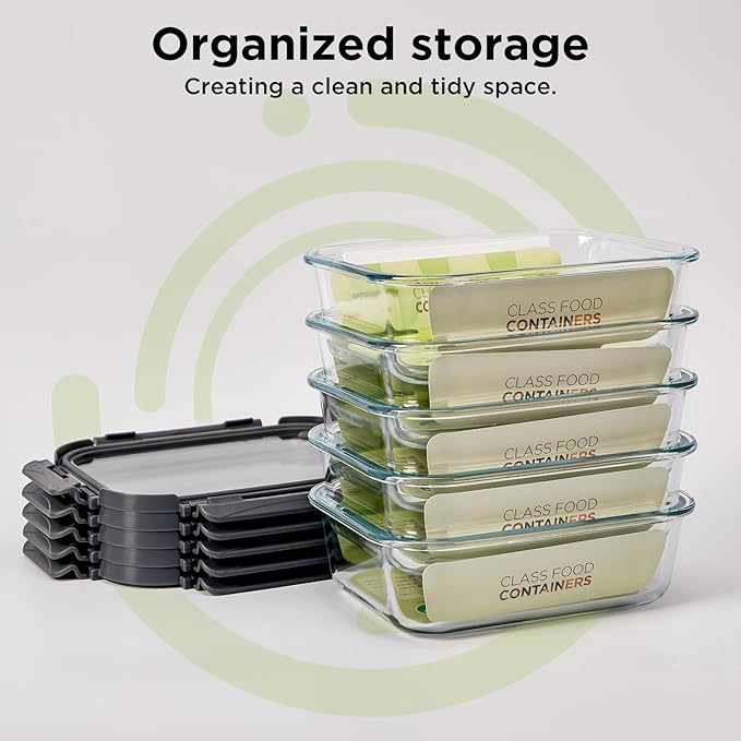 Glass Food Storage Containers with Lids, 5 Pack of 36oz, Glass Meal Prep Container with Airtight Lids, Microwave Safe Food Container Set, BPA Free, LeakProof, Ideal for Lunch