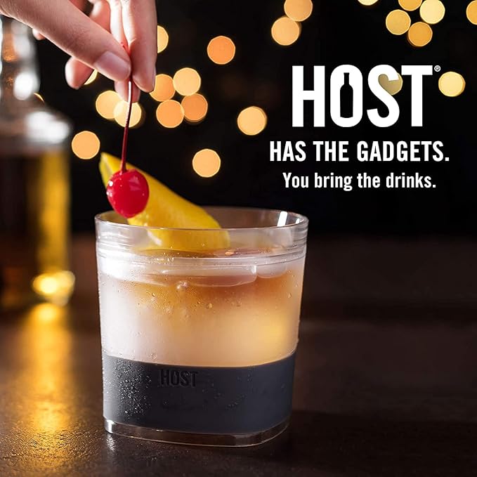 Host Whiskey Freeze Glasses, Double Old Fashioned Glasses, Chill Without Dilution for Brandy, Vodka, Gin, Rum, and Cold Brew Cocktails, Bourbon Gifts for Men, Home Bar, 9 oz, Set of 2, Grey