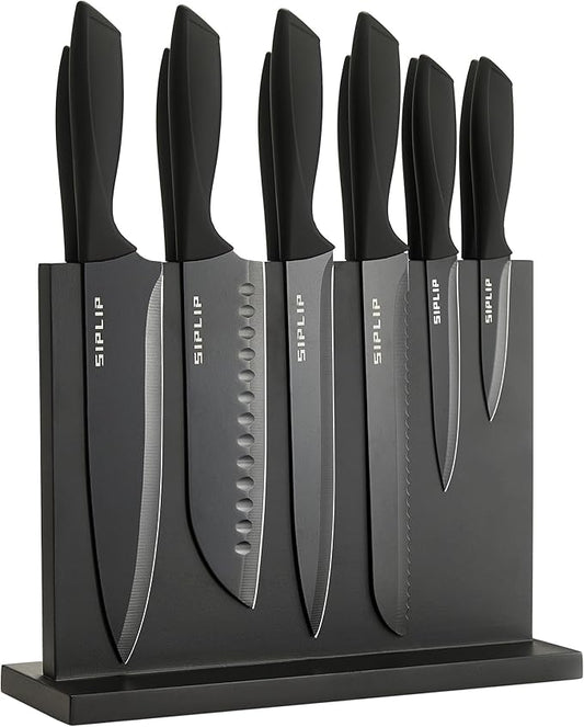 Kitchen knife set with Magnetic knife holder, 15 pieces high carbon stainless steel sharp kitchen knife set including chef's knife, bread knife, serrated steak knife set