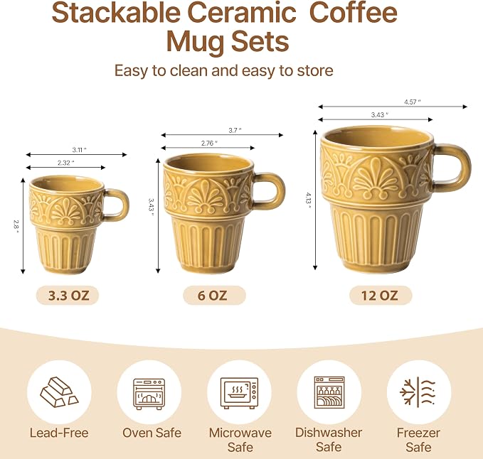 Cappuccino Cups, Espresso Cups, Stackable Mug Set of 6, Ceramic Coffee Mug 6 OZ - Image 2