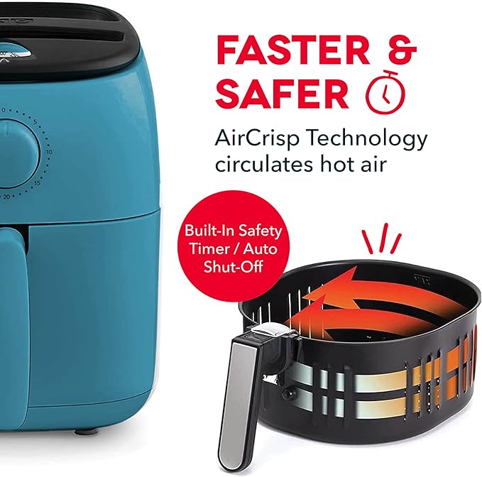 DASH Tasti-Crisp™ Electric Air Fryer Oven, 2.6 Qt., Teal – Compact Air Fryer for Healthier Food in Minutes, Ideal for Small Spaces - Auto Shut Off, Analog, 1000-Watt