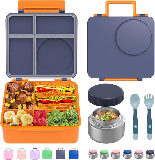 Bento Box for Kids - Leak-Proof Bento Lunch Box with Insulated Thermos Food Jar - 4 Compartments, 1 Removable Divider, 1Spoon, 1 Fork - Dishwasher Safe, BPA-Free (Navy blue)