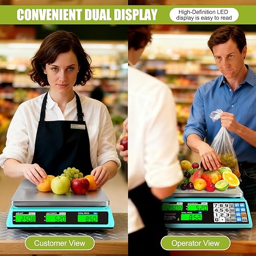 88lb/40kg Commercial Food Scale, Digital Price Computing Scale with Counting Feature, Outdoor Market Food Scale Dual LCD for Farmers Markets, Butchers, Retail Stores